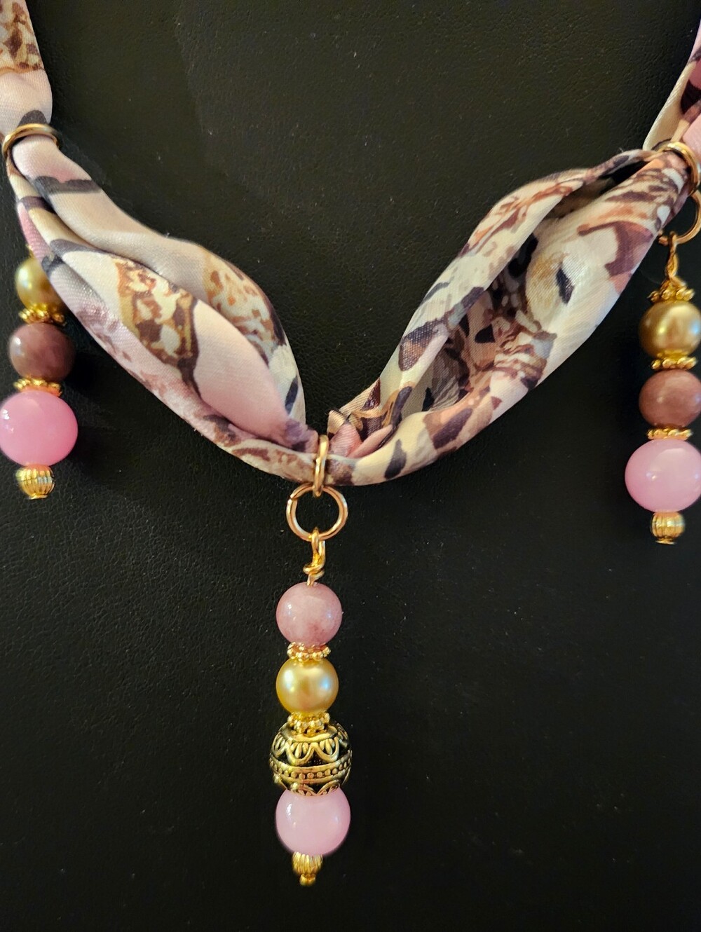 Scarf Necklace Strawberry Quartz Rhodonite Handcrafted